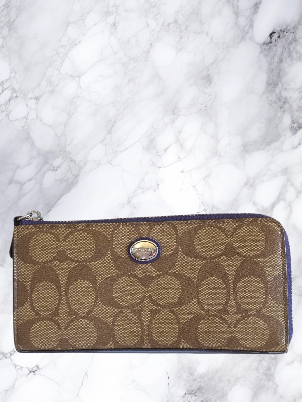 Coach F49964 Signature Accordion Zip Wallet Khaki Brown Purple Leather Trim